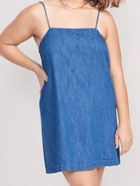 Old Navy Blue Washed Resort Denim Tie-Shoulder Cotton Mini Dress, Sz S, NWOT